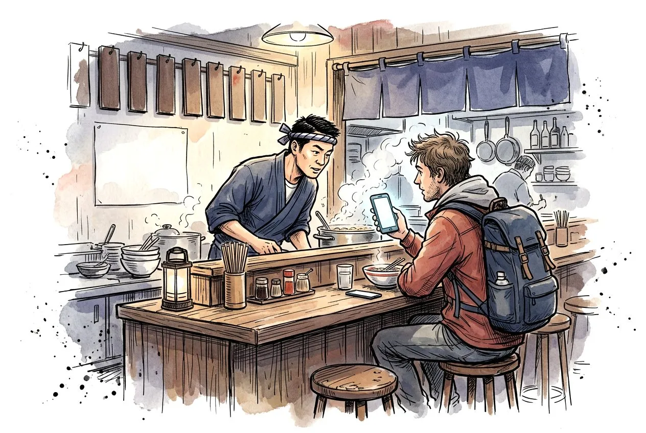 Watercolour sketch: a traveller at a small ramen counter holds up a phone while the chef leans across the counter towards them