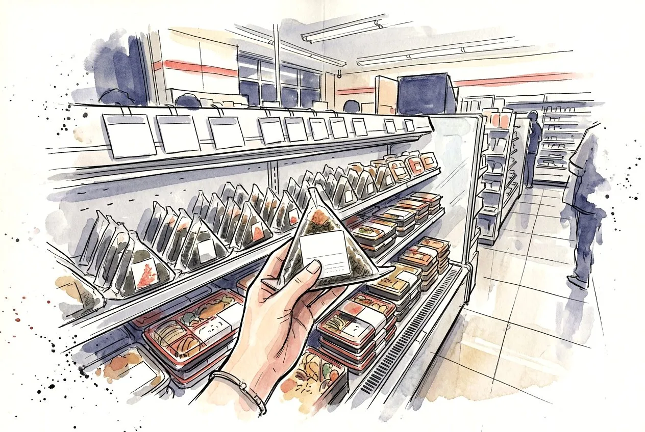 Watercolour sketch: a hand turns over an onigiri in a convenience store to read the label on the back