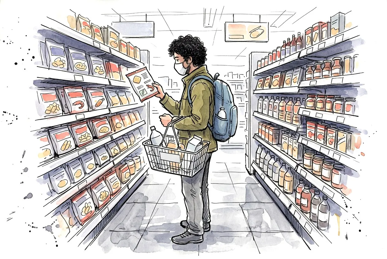 Watercolour sketch: a traveller in a Japanese supermarket aisle turns over a packet of rice crackers to read the label