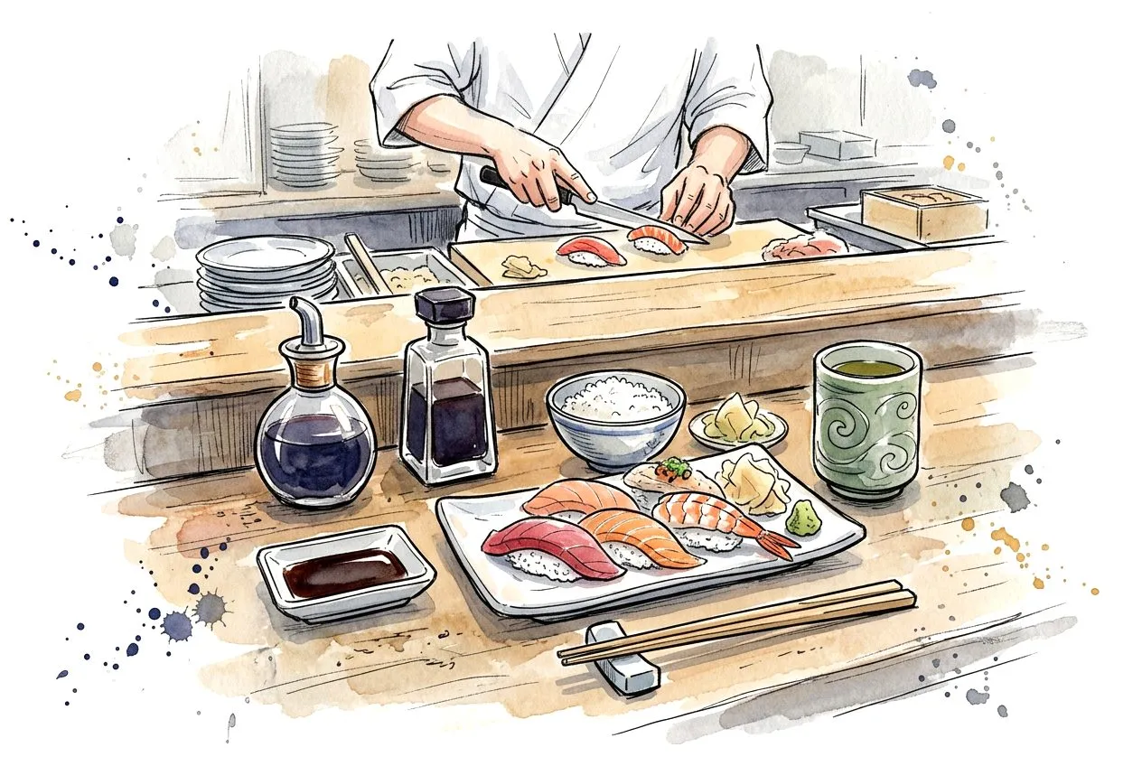 Watercolour sketch: a sushi counter with nigiri, rice, green tea and two small soy sauce bottles, the chef working behind