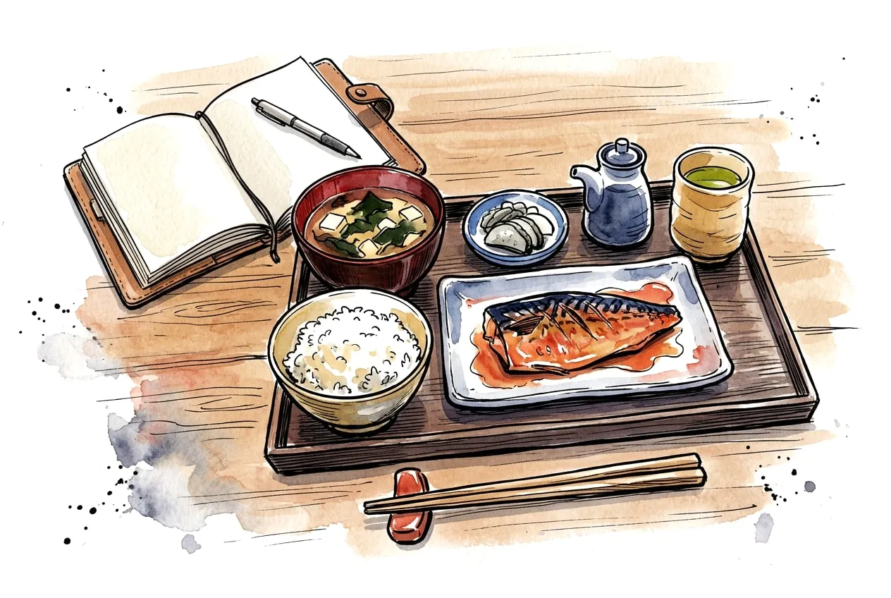 Watercolour sketch of a set meal on a wooden tray: miso soup, glazed grilled fish, rice, pickles, a soy sauce jug and green tea, beside an open travel notebook