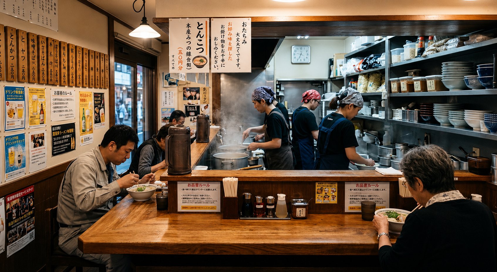 Inside a Japanese tonkotsu ramen shop — the walls are covered in signage for drinks, house rules, and pricing, but no allergen information is displayed anywhere